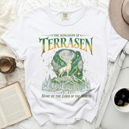 White t-shirt with "The Kingdom of Terrasen, Home of the Lord of the North" and a stag illustration.