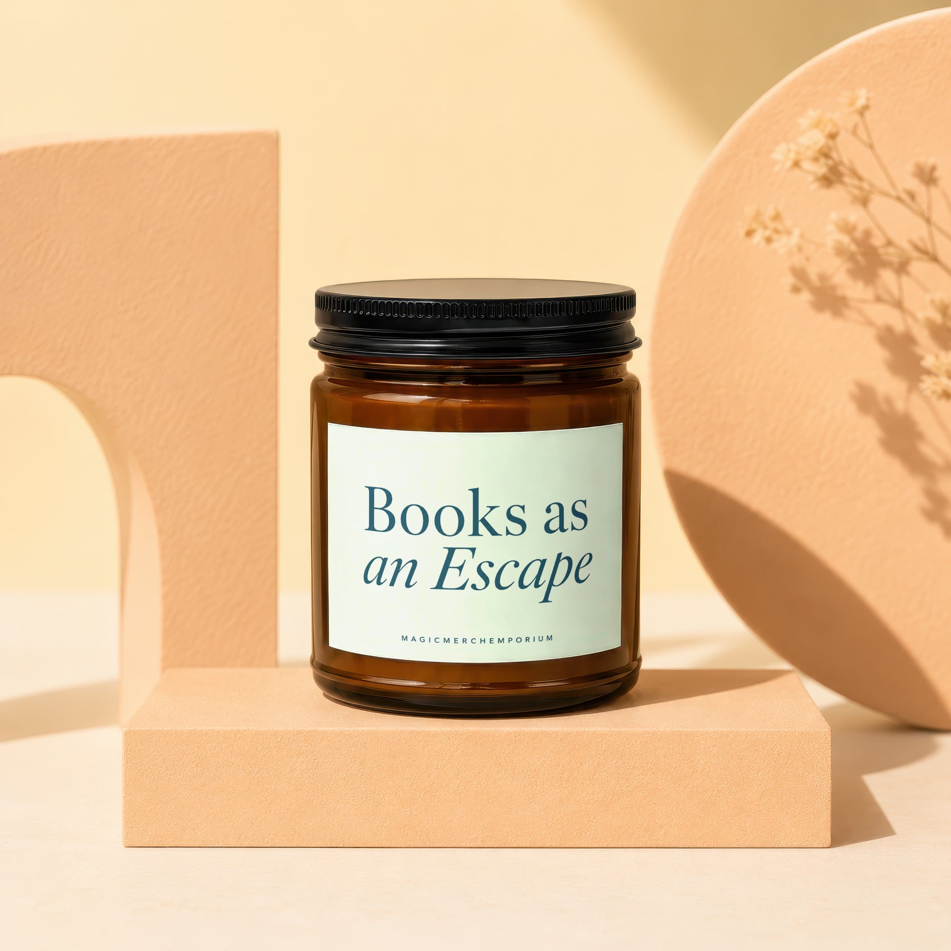 Amber glass candle with "Books as an Escape" text on label.