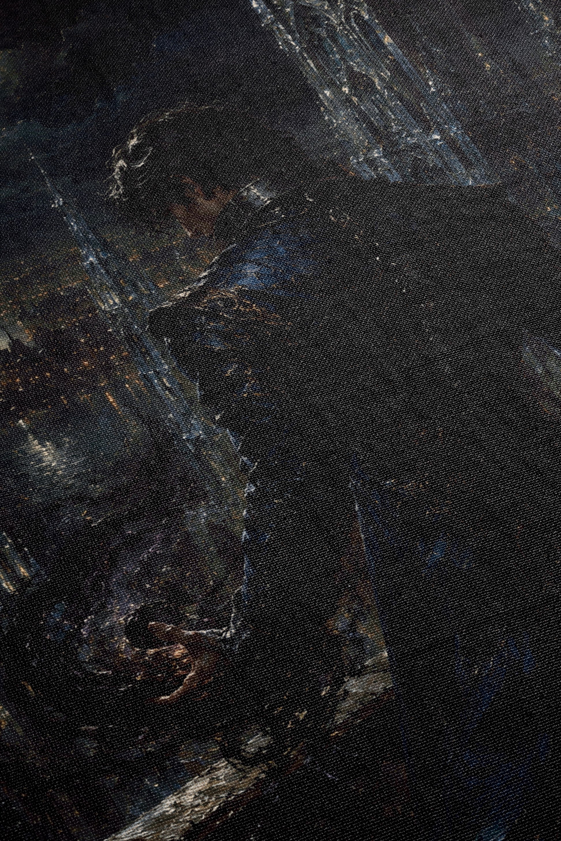 The image is a dark, abstract painting with a textured, brushstroke-like appearance. The colors are predominantly black and brown, with some hints of blue and white. The painting appears to be a collage of multiple images, creating a complex and layered visual effect.