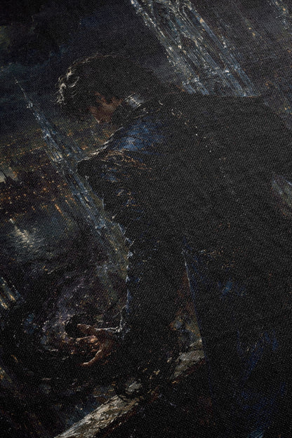 The image is a dark, abstract painting with a textured, brushstroke-like appearance. The colors are predominantly black and brown, with some hints of blue and white. The painting appears to be a collage of multiple images, creating a complex and layered visual effect.