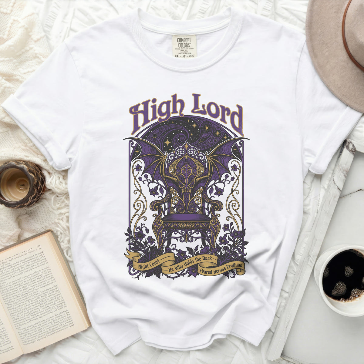 White t-shirt with "High Lord" and a throne design.