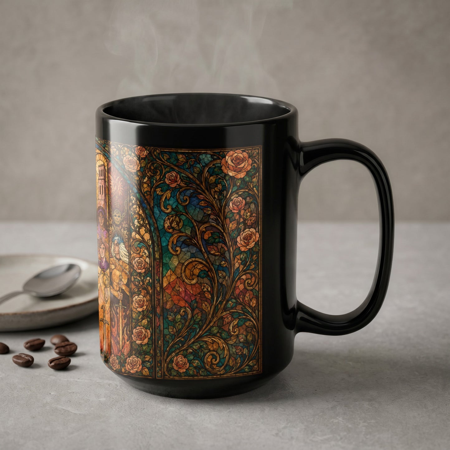 Black mug with a stained-glass design of roses and figures.