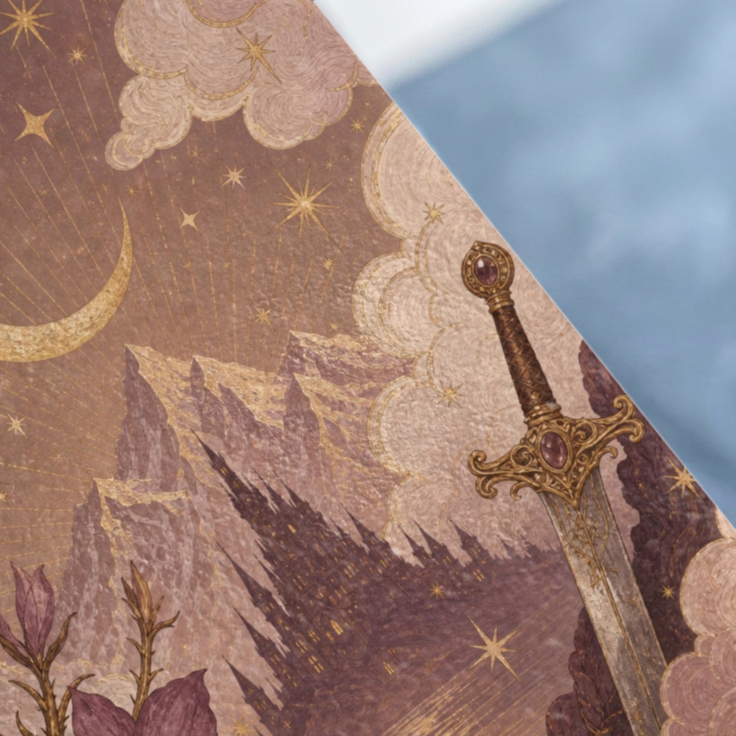 Ornate sword with jeweled hilt against a mystical fantasy landscape.
