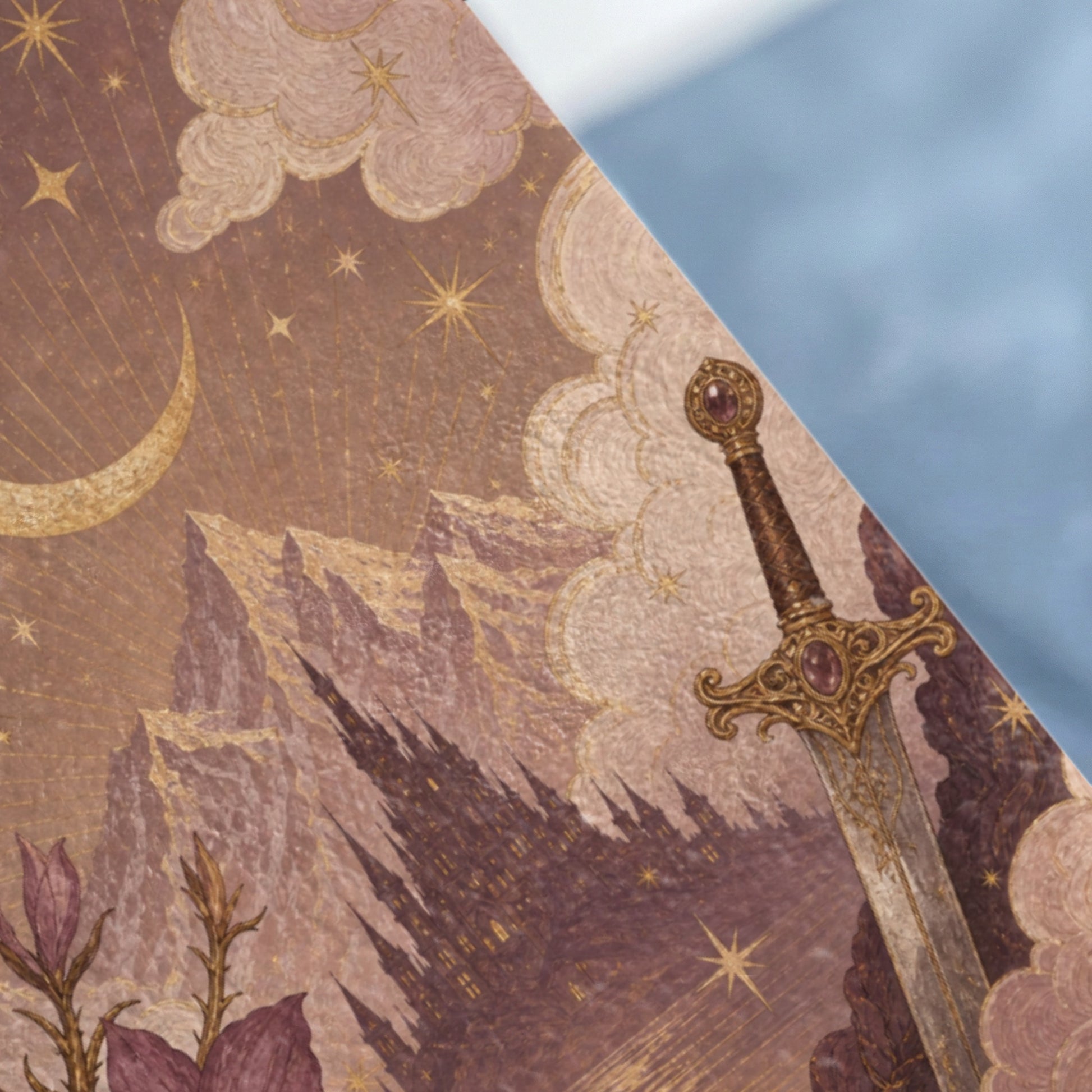 Ornate sword with jeweled hilt against a mystical fantasy landscape.