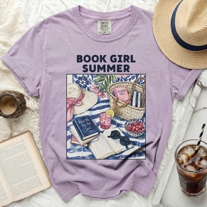 T-shirt with "Book Girl Summer" graphic of books, hat, and fruit.