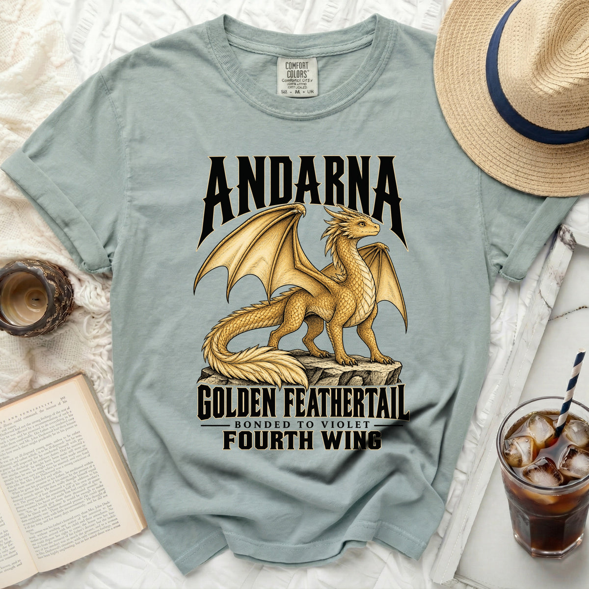 Andarna the golden dragon t-shirt with text "Golden Feathertail".