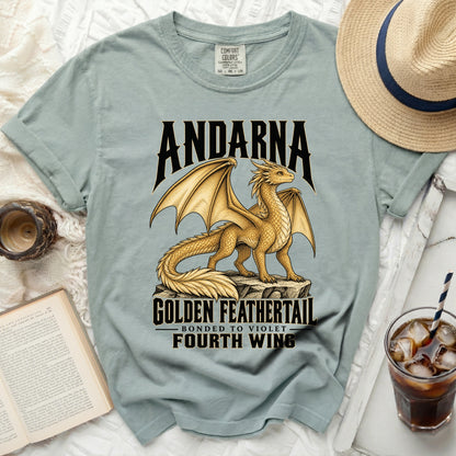 Andarna the golden dragon t-shirt with text "Golden Feathertail".