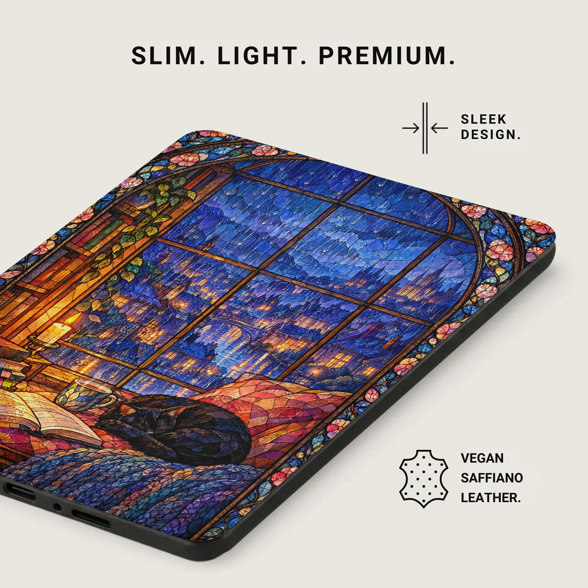 An e-reader case featuring a stained-glass style design of a cat sleeping indoors by a rainy window, with text calling out its slim, light, premium, and vegan saffiano leather construction.