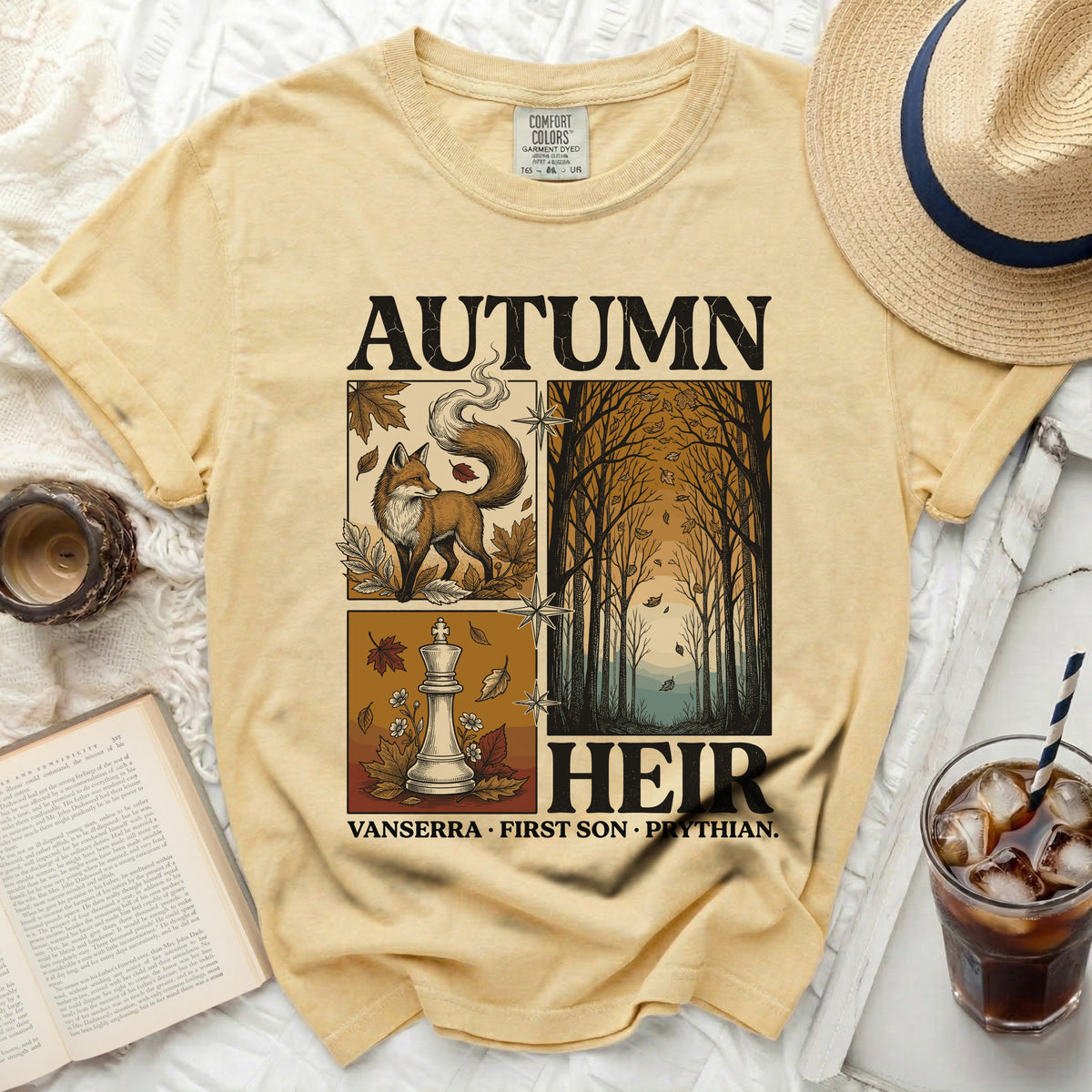 Autumn Heir t-shirt with fox, chess piece, and forest graphic.