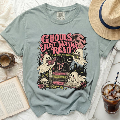 "Ghouls Just Wanna Read" graphic tee with black cat, ghosts, and books.