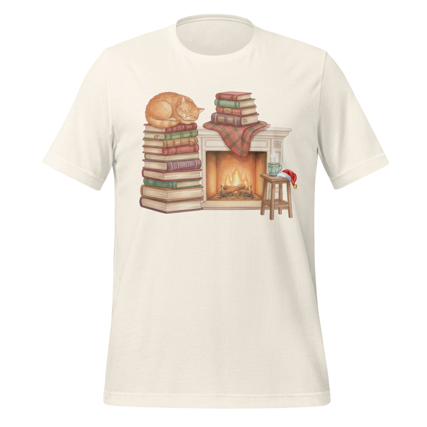 Cozy Cat Fireplace and Books Illustration Shirt