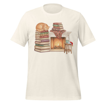 Cozy Cat Fireplace and Books Illustration Shirt