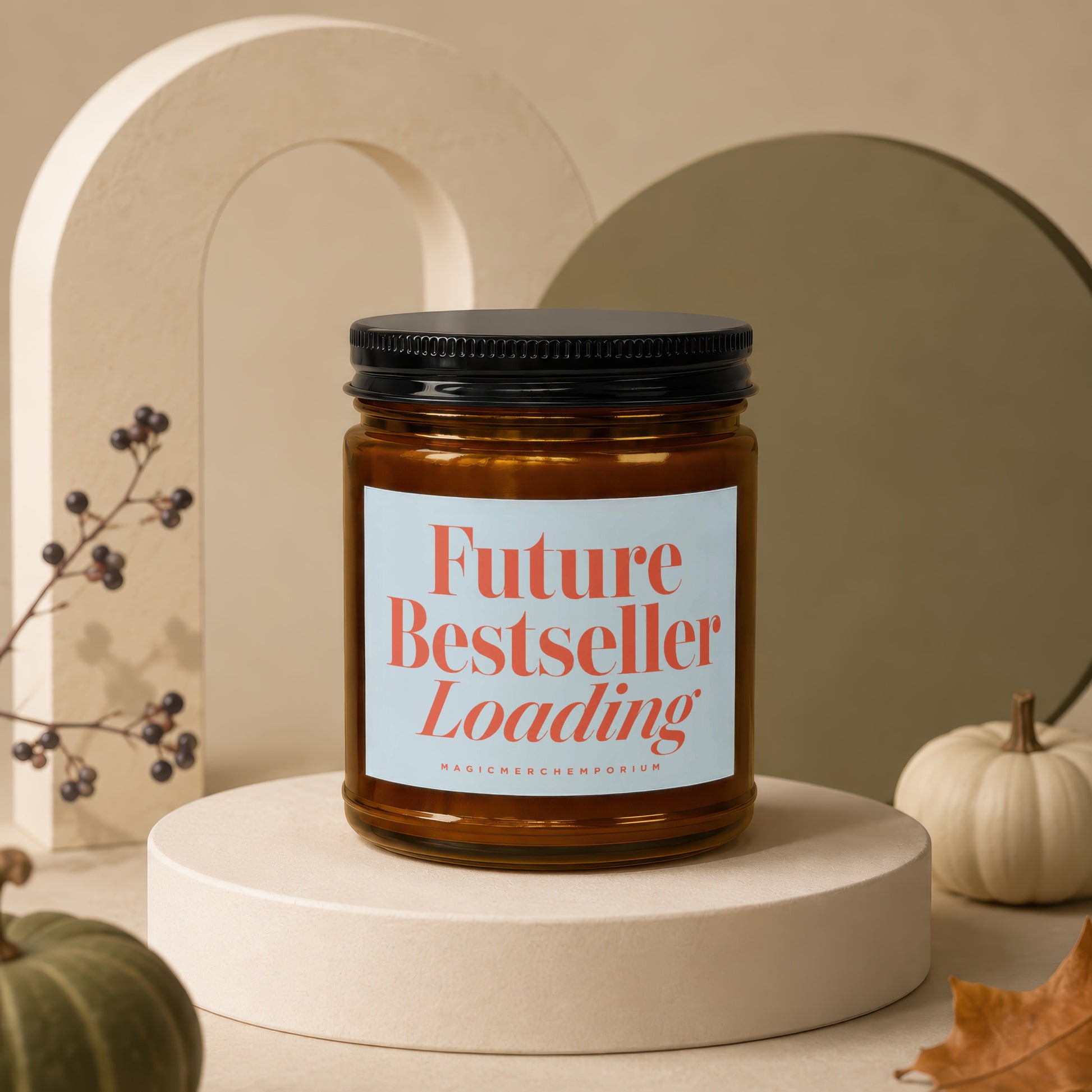 Amber glass candle with black lid, label reads "Future Bestseller Loading".