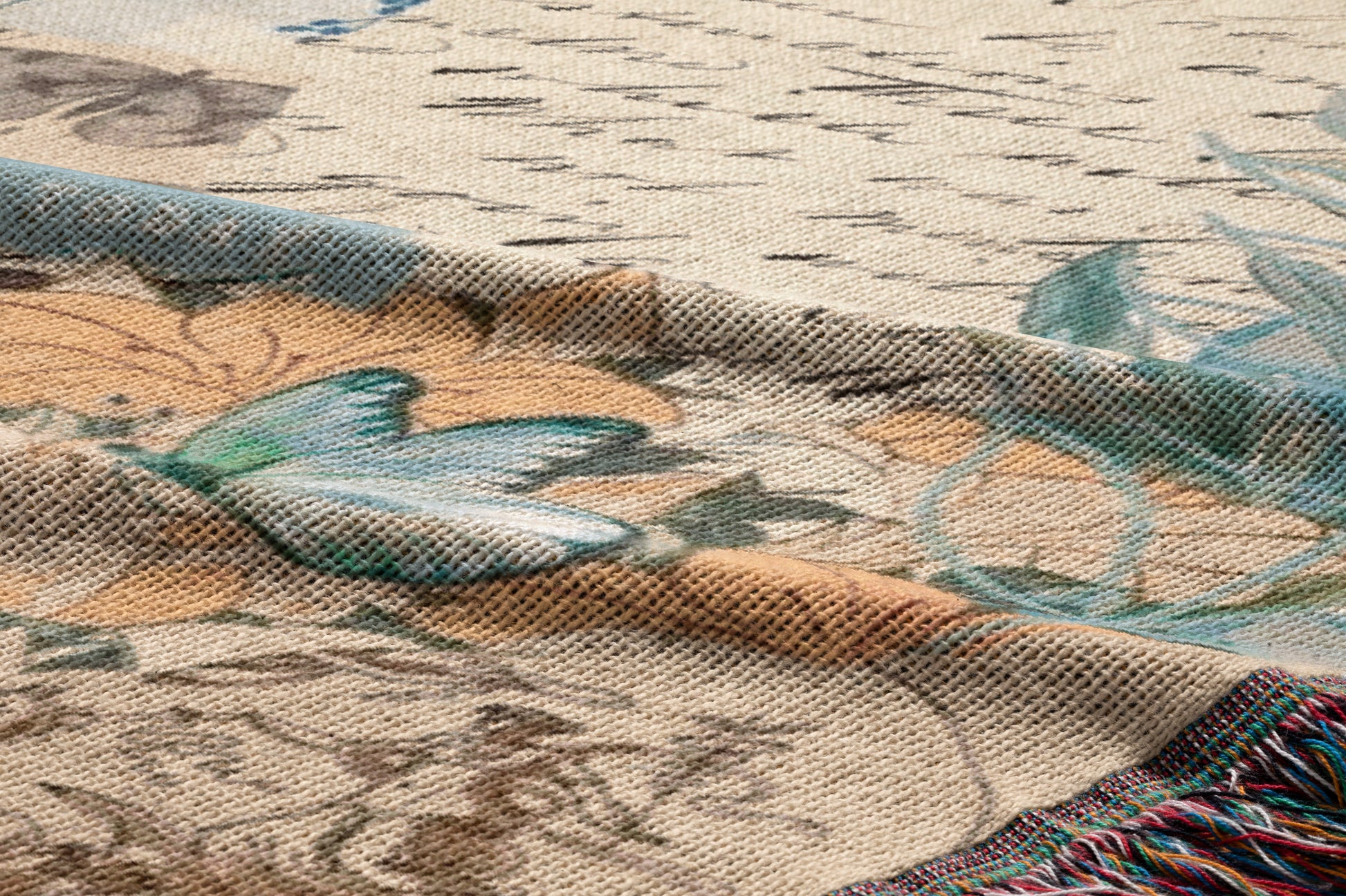 The image is a close-up of a fabric with a floral pattern, featuring a butterfly and other floral elements. The fabric appears to be a woven or knitted material with a textured surface.