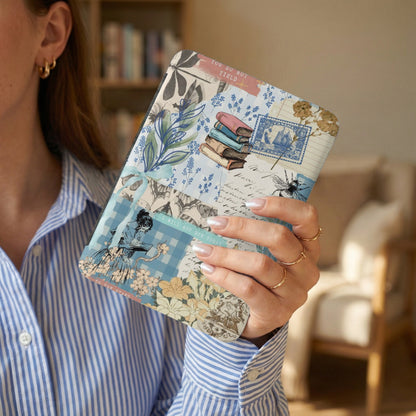 Collaged journal cover with books, bees, postage stamps, and text "You do not yield".
