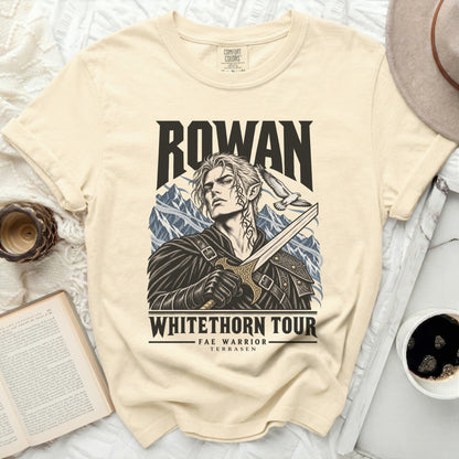Cream t-shirt with Rowan "Whitethorn Tour Fae Warrior Terrasen" graphic.