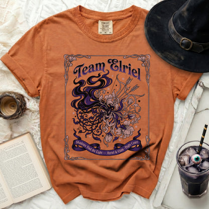 Orange t-shirt with "Team Elriel" design and text "Shadows Find the Light - Azriel & Elain · Night Court".