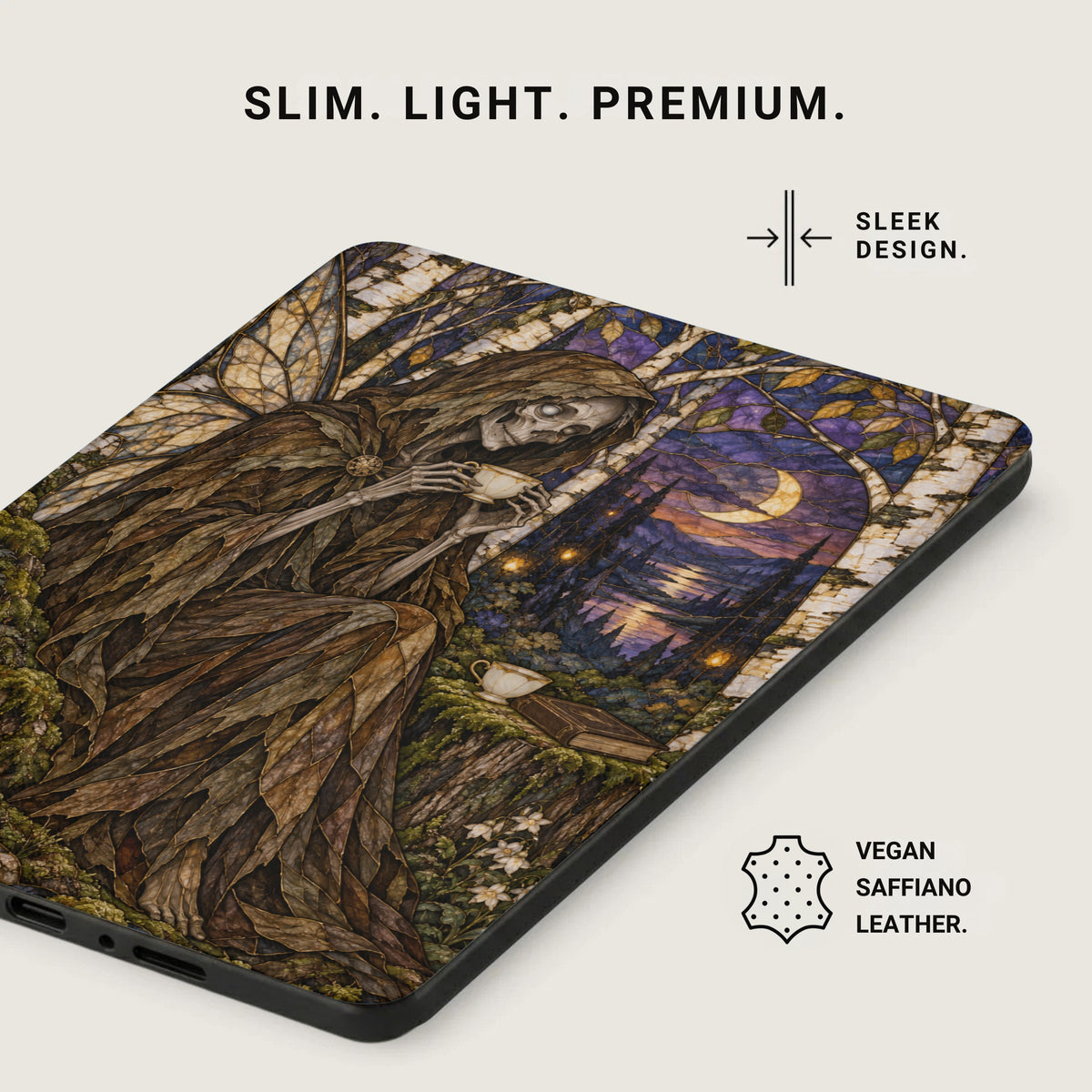 Grim reaper in forest with moon, holding teacup. Slim, light, premium design. Vegan saffiano leather.