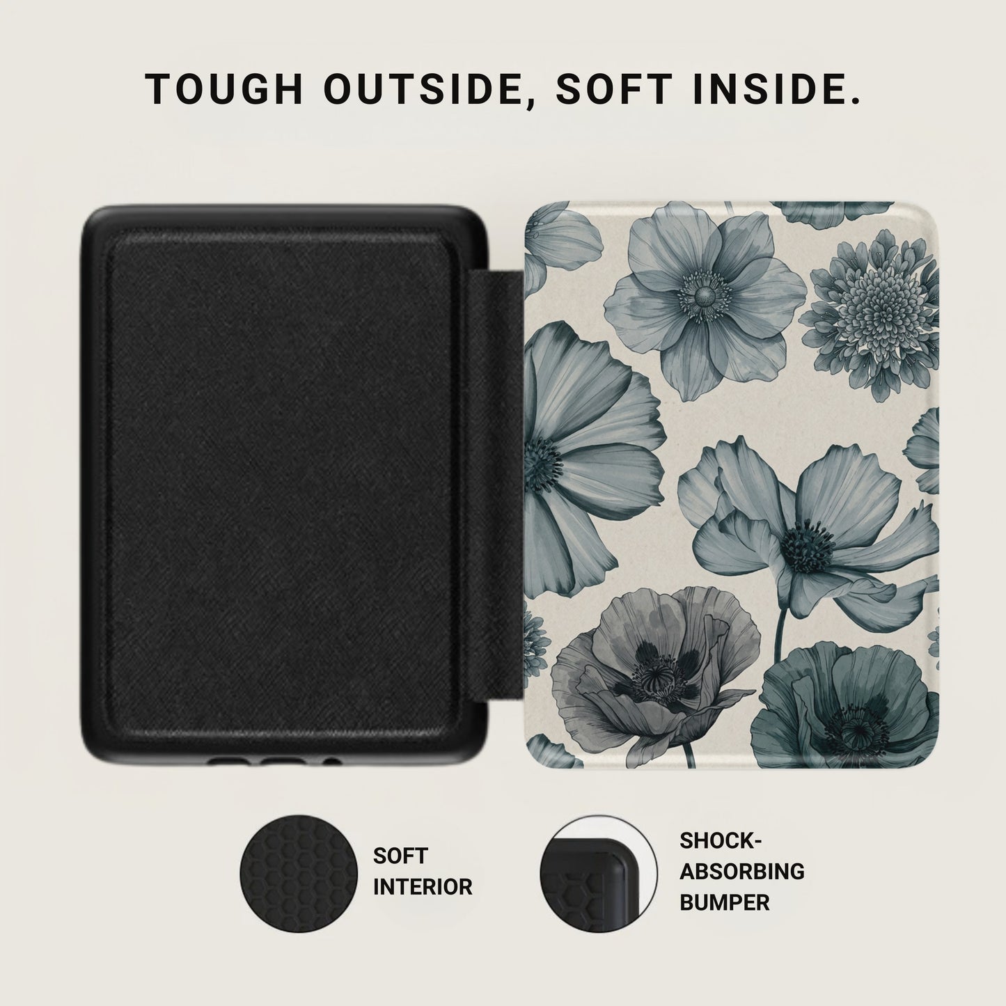 Black case with floral pattern interior, soft interior, and shock-absorbing bumper.