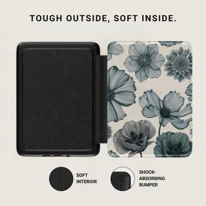 Black case with floral pattern interior, soft interior, and shock-absorbing bumper.