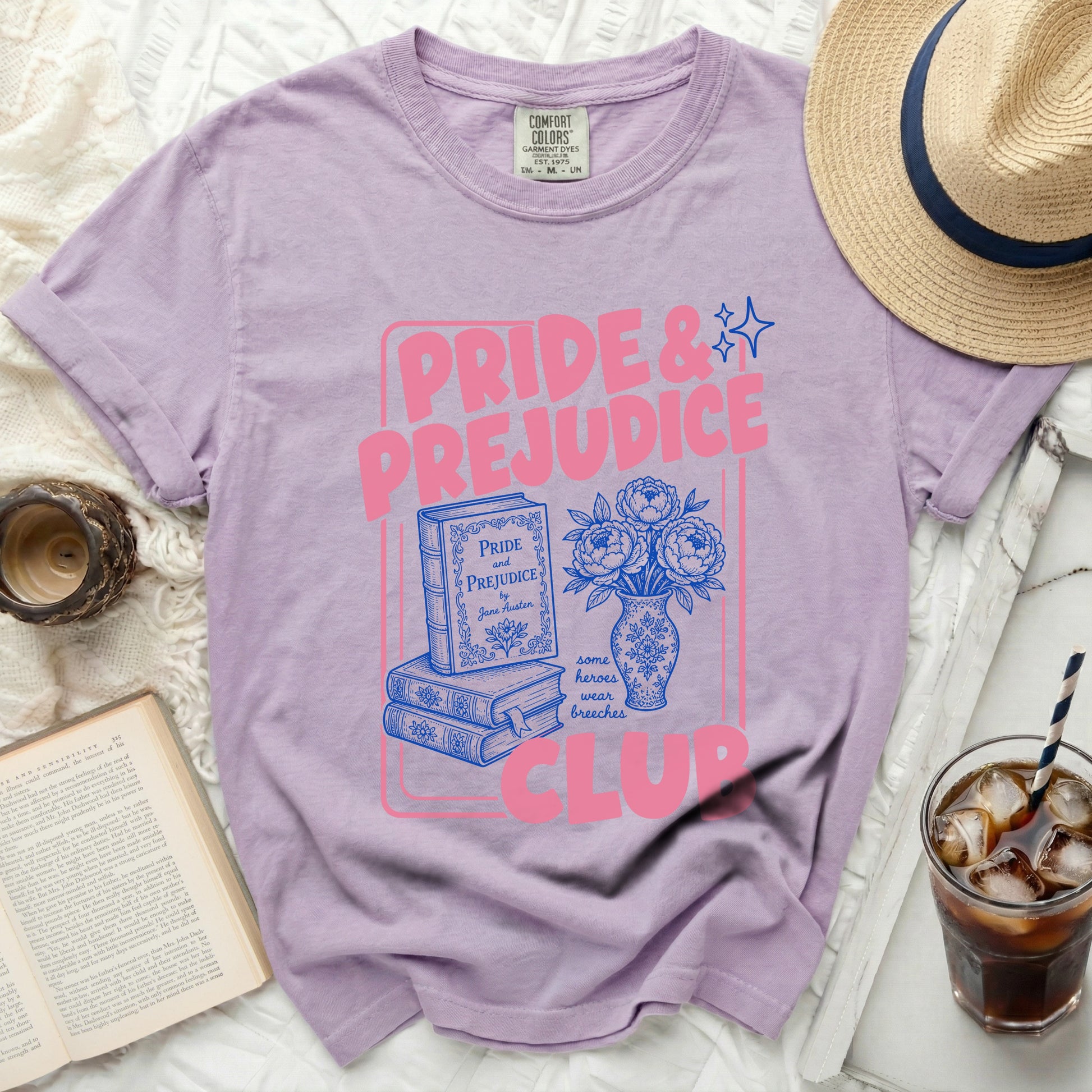 Lavender t-shirt with Pride & Prejudice book and flowers graphic.