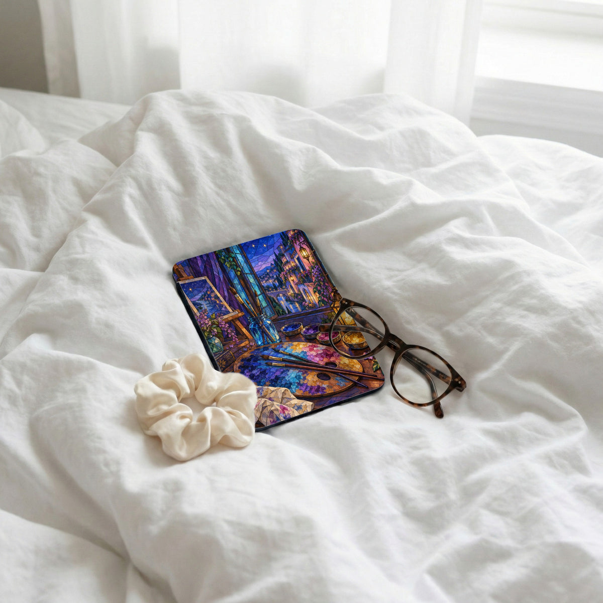 Mousepad with stained glass art of an artist's palette and Italian cityscape.