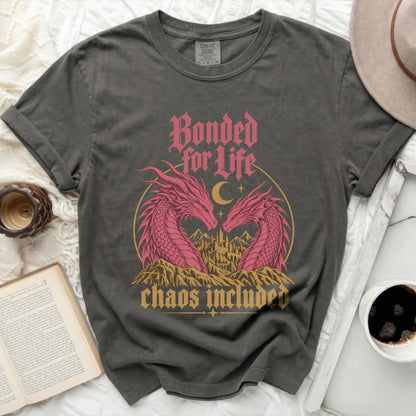Gray t-shirt with "Bonded for Life" and "chaos included" text and dragon graphic.