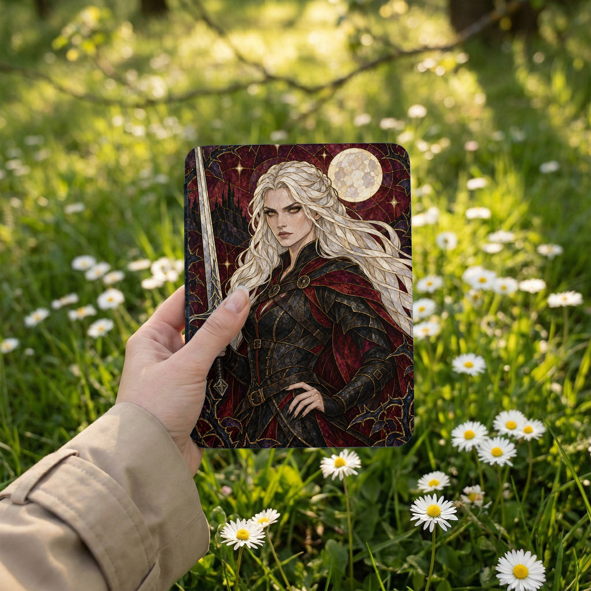 Journal cover featuring a blonde warrior woman with a sword and moon.