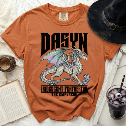 Orange t-shirt with a white iridescent dragon and text "DASYN IRIDESCENT FEATHERTAIL THE EMPYREAN".