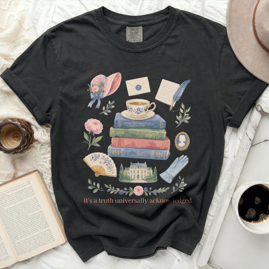 Black t-shirt with Jane Austen book stack, teacup, hat, and quote.