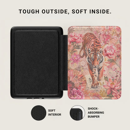 Black case with tiger and floral design, text "Tough Outside, Soft Inside."
