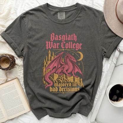 Basgiath War College t-shirt with pink dragon, castle, and text.
