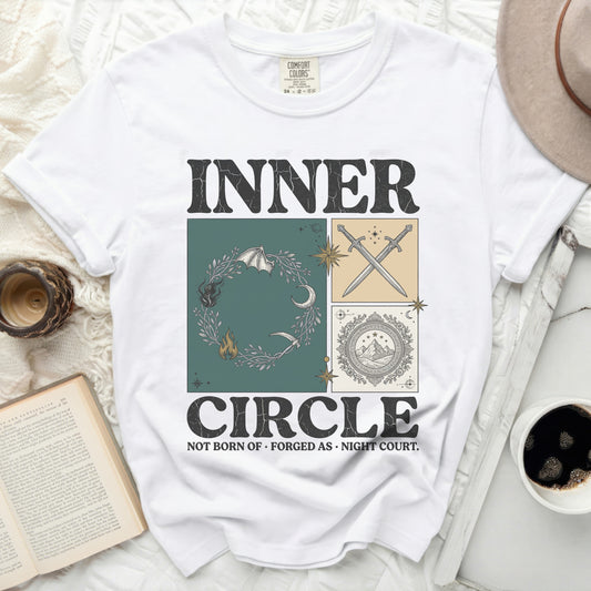 White t-shirt with "INNER CIRCLE NOT BORN OF FORGED AS NIGHT COURT." graphic.