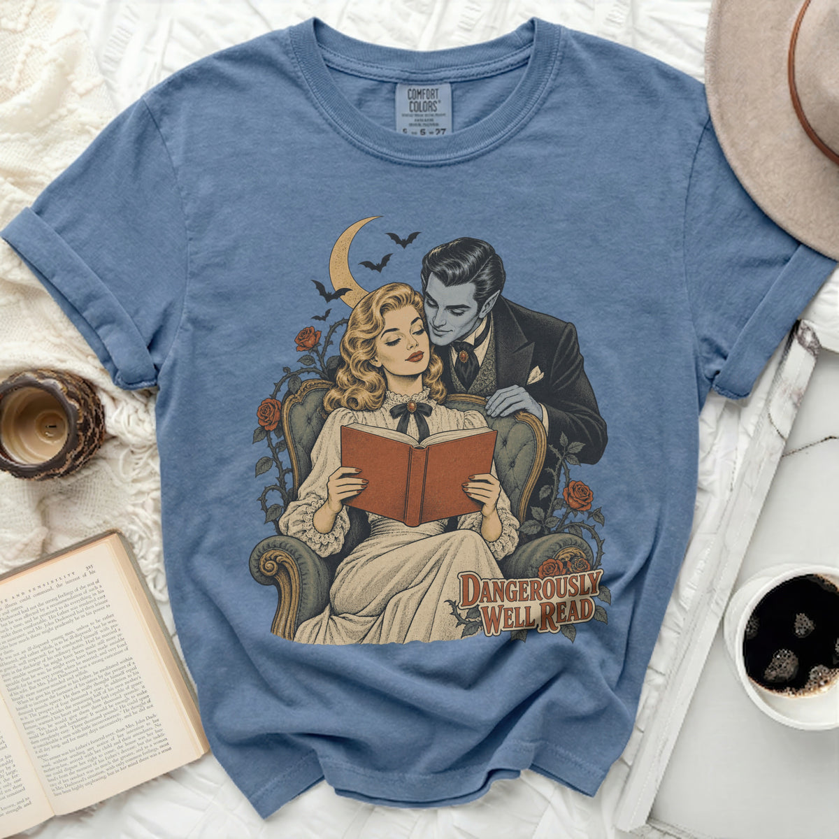 Vampire and woman reading a book with "Dangerously Well Read" text.
