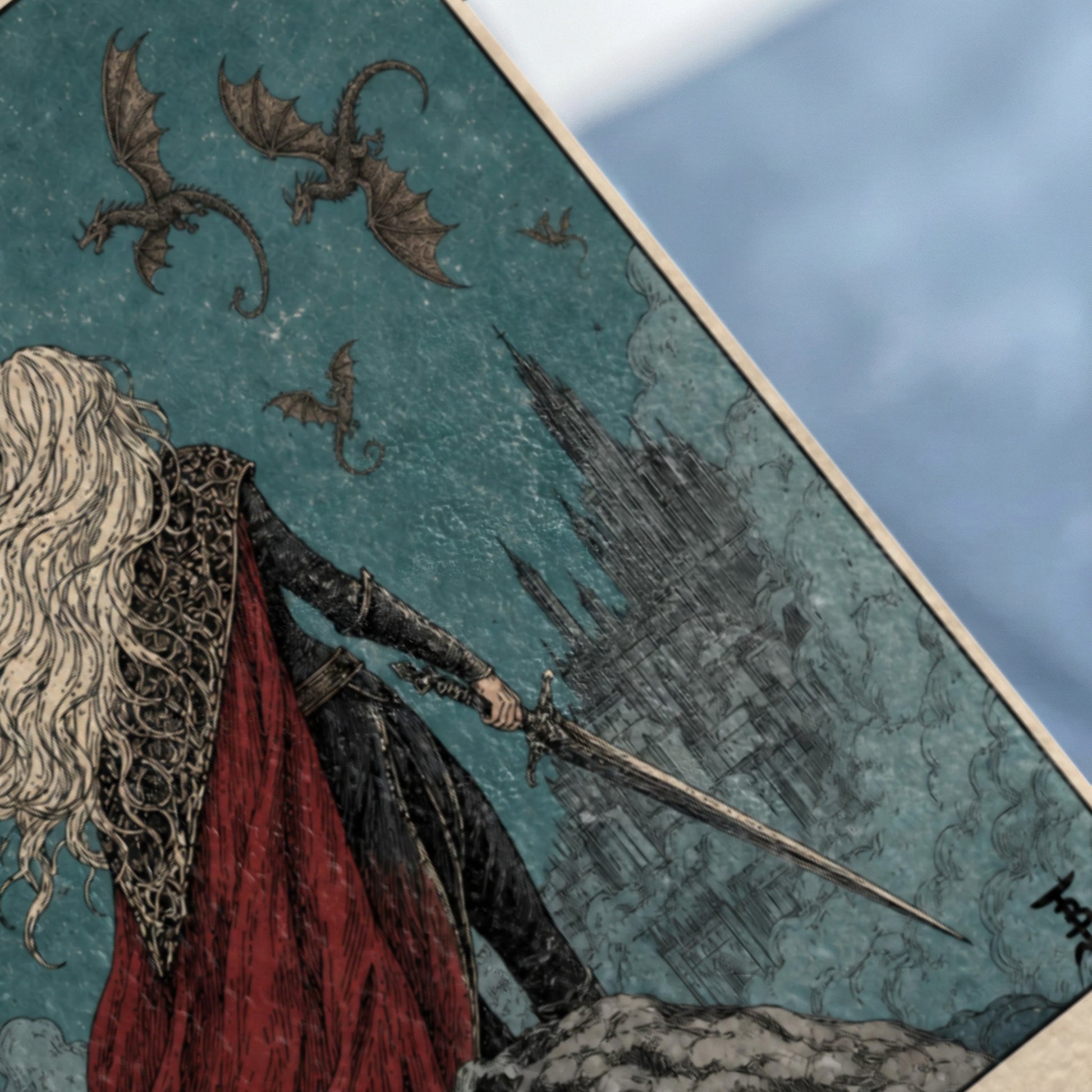 Woman with sword and flowing white hair, dragons flying over a castle.
