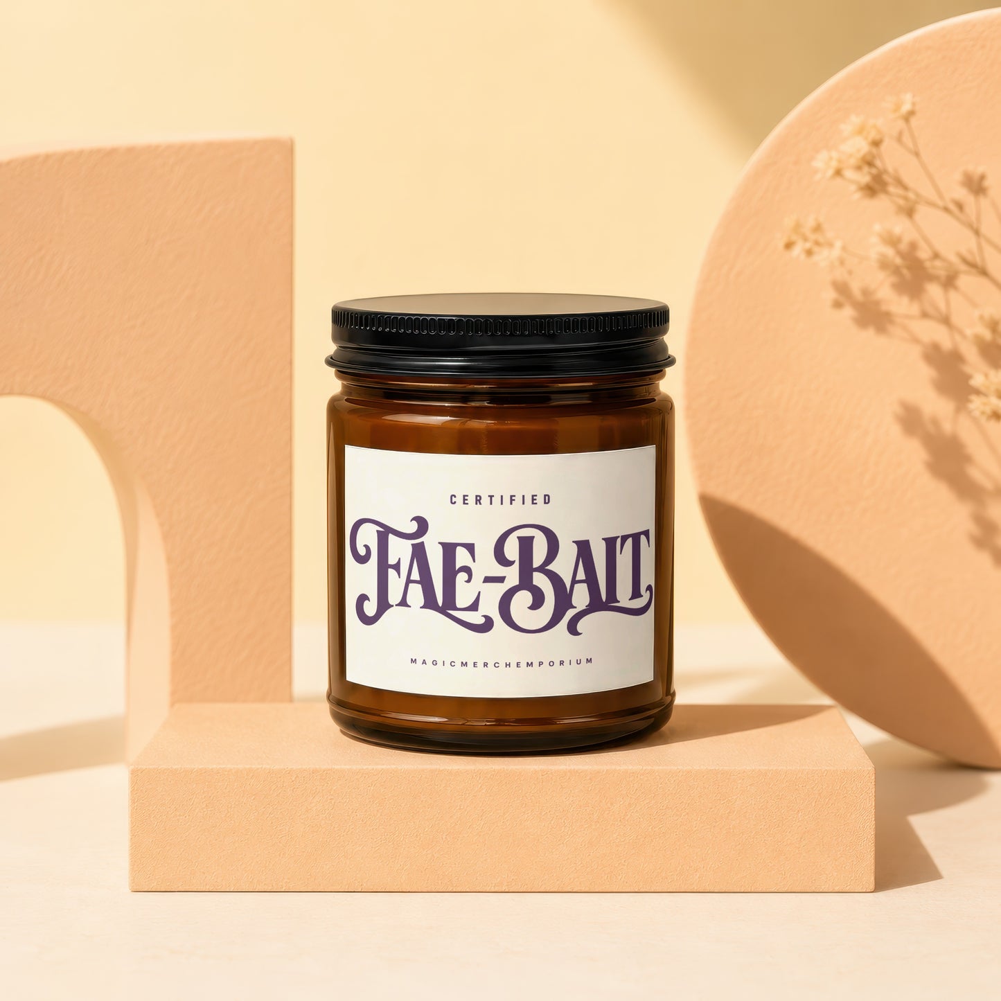 Amber jar candle labeled "Fae-Bait" by MagicMerch Emporium.