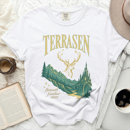 White t-shirt with "TERRASEN" and a forest, castle, and stag design.