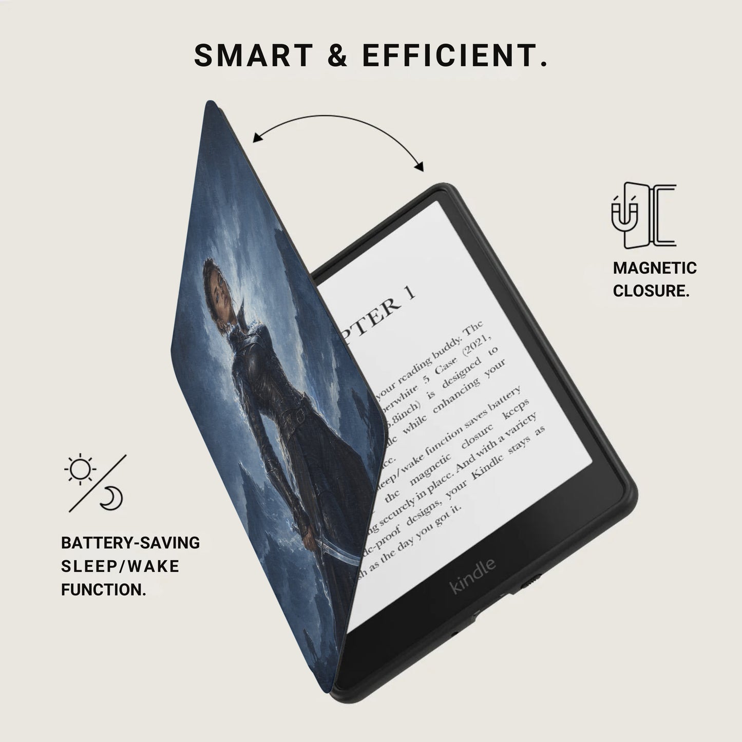 Kindle with cover showing image of woman, battery-saving, and magnetic closure.
