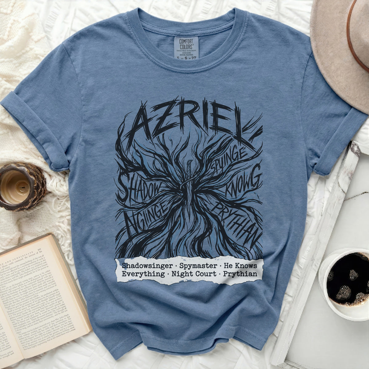Azriel graphic tee with text "Shadowsinger Spymaster He Knows Everything Night Court Prythian"