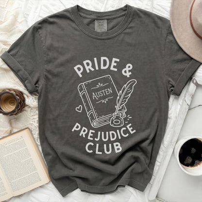 "Pride & Prejudice Club" t-shirt with Austen book and quill graphic.