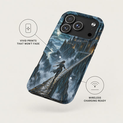 An iPhone case with a fantasy print of a castle and figure, highlighting fade resistance and wireless charging.