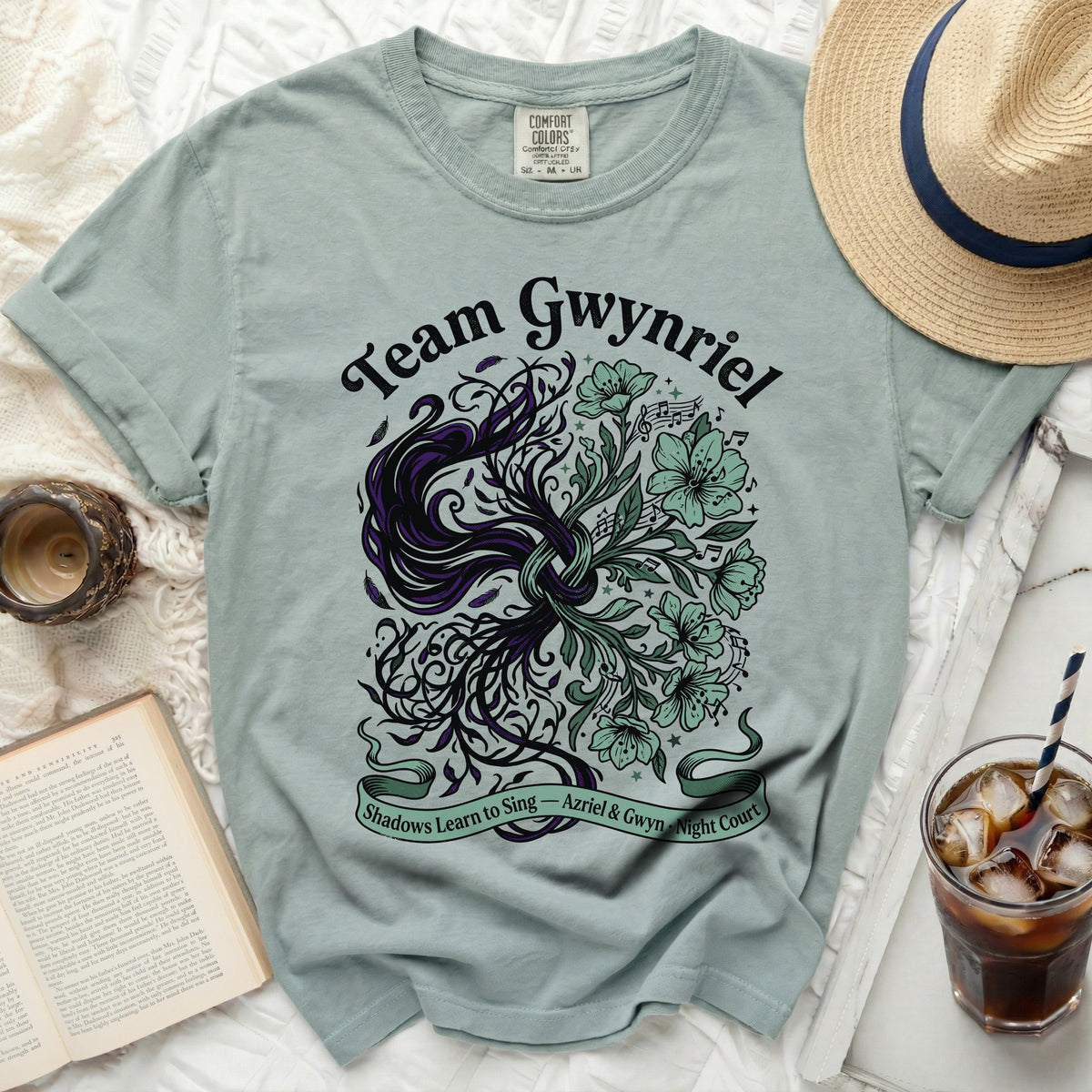 Team Gwynriel shirt with floral and script design, "Shadows Learn to Sing".