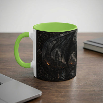 Mug with a gothic castle and dragon wing design and a bright green handle and interior.