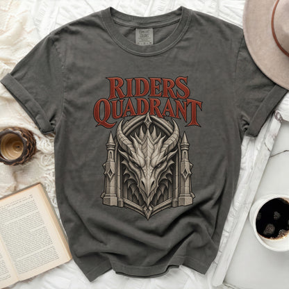 Dark gray t-shirt with "Riders Quadrant" and dragon graphic.