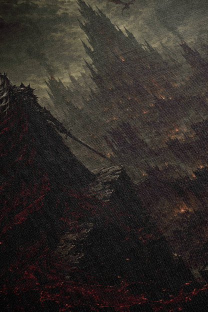 a dark, ominous scene with a towering, ominous structure looming in the background.