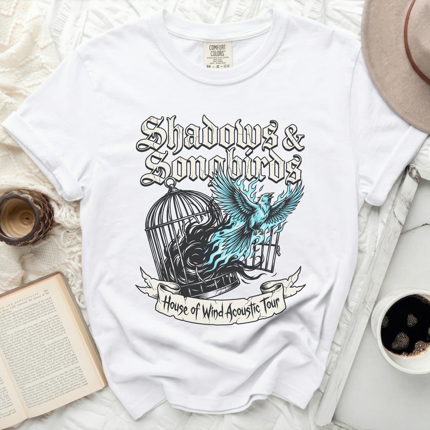 White Comfort Colors shirt with "Shadows & Songbirds House of Wind Acoustic Tour" graphic.