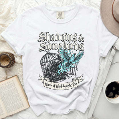 White Comfort Colors shirt with "Shadows & Songbirds House of Wind Acoustic Tour" graphic.