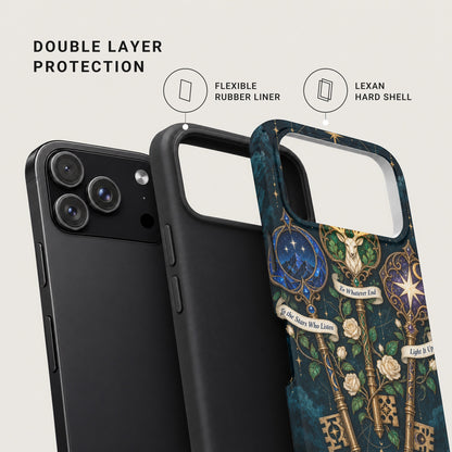 An exploded view of a smartphone case showing its dual-layer construction with a flexible rubber liner and decorative Lexan hard shell.