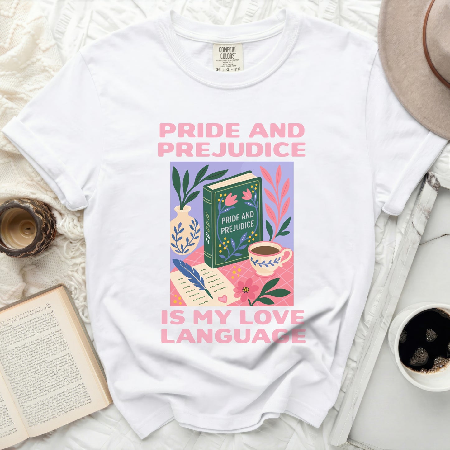 White t-shirt with "Pride and Prejudice is my love language" graphic.