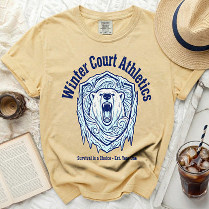Yellow t-shirt with polar bear in ice shield and text "Winter Court Athletics"